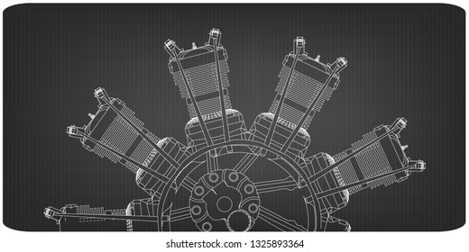 Radial engine on a gray background. Drawing