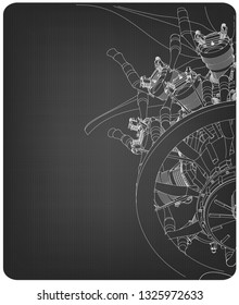 Radial engine on a gray background. Drawing