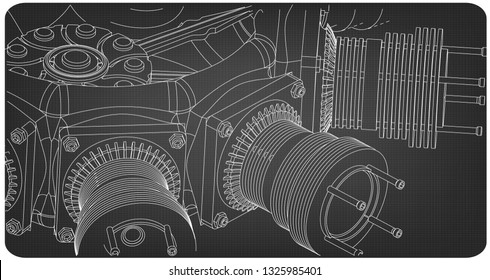 Radial engine on a gray background. Drawing