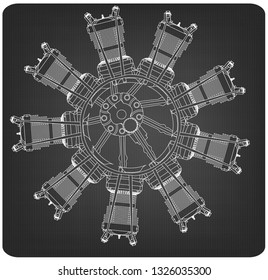 Radial engine on a gray background. Drawing