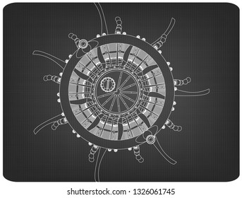 Radial engine on a gray background. Drawing