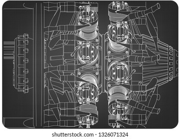 Radial engine on a gray background. Drawing