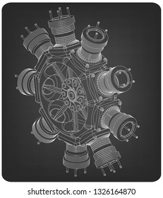 Radial engine on a gray background. Drawing