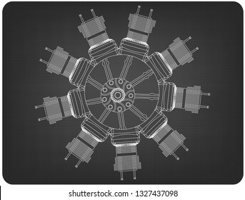 Radial engine on a gray background. Drawing