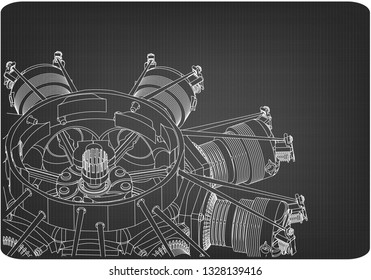 Radial engine on a gray background. Drawing