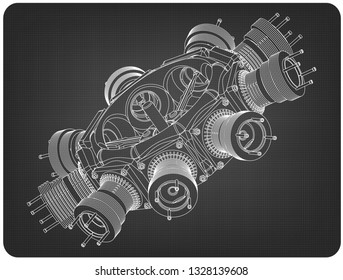 Radial engine on a gray background. Drawing