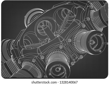 Radial engine on a gray background. Drawing
