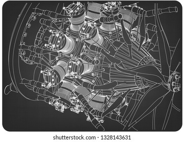 Radial engine on a gray background. Drawing