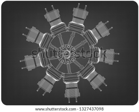 Radial engine on a gray background. Drawing