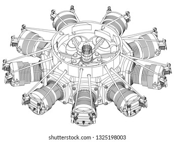 Radial engine on a white background. Drawing