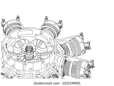 Radial engine on a white background. Drawing