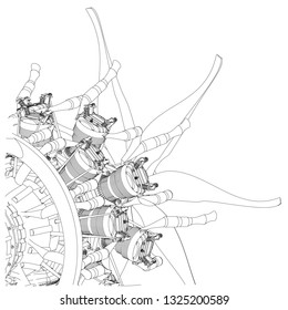Radial engine on a white background. Drawing