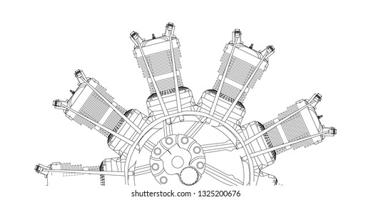 Radial engine on a white background. Drawing
