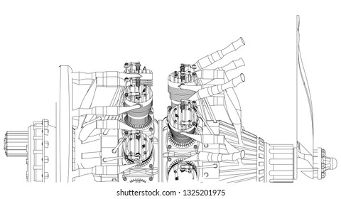 Radial engine on a white background. Drawing