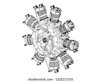 Radial engine on a white background. Drawing