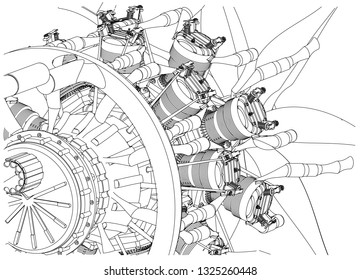 Radial engine on a white background. Drawing