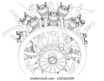 Radial engine on a white background. Drawing