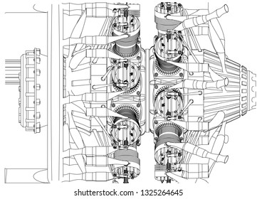 Radial engine on a white background. Drawing