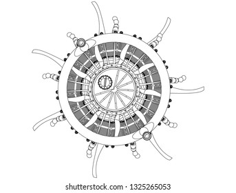 Radial engine on a white background. Drawing