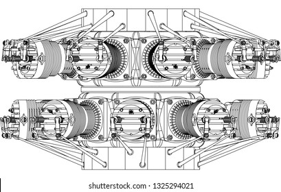 Radial engine on a white background. Drawing