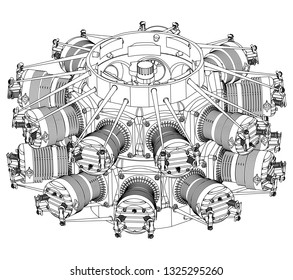 Radial engine on a white background. Drawing