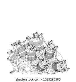 Radial engine on a white background. Drawing
