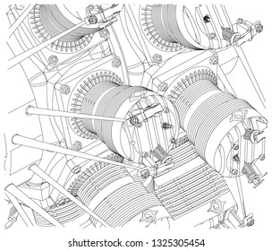Radial engine on a white background. Drawing