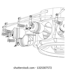 Radial engine on a white background. Drawing
