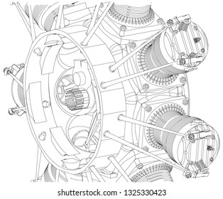 Radial engine on a white background. Drawing