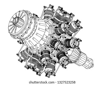 Radial engine on a white background. Drawing