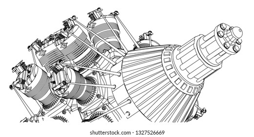 Radial engine on a white background. Drawing