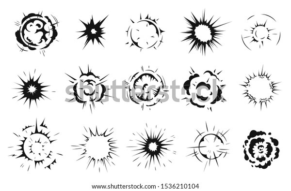 Radial explosion silhouette. Exploding bursts, round\
explosions cloud and exploded bomb effect black silhouettes.\
Explosion burst dust, power bombs explode effect. Isolated symbols\
graphic vector set