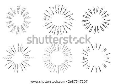 Radial firework burst line confetti and lines hand drawn sketch. Sunbeam, party decoration, comic minimal spark. Explosion with Radial stripes