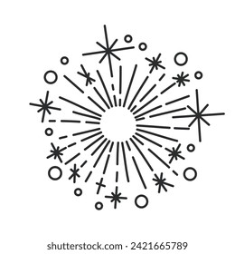 Radial fireworks with particles and sparks rays line icon. Thin black outline silhouette of round firecracker explosion, firework with stars monochrome icon, birthday party element vector illustration