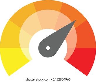 Radial gauge scale from yellow to red with arrow hand pointer. Satisfaction, temperature, risk, rating, performance and feedback indicator or speed tachometer. Vector illustration.