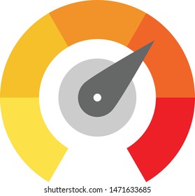 Radial gauge scale from yellow to red with arrow hand pointer. Satisfaction, temperature, risk, rating, performance and feedback indicator or speed tachometer. Vector illustration.