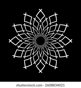 Radial Geometric Circle Pattern. Abstract Icon. Decorative Round White Design Element on Black Background. Vector Art.