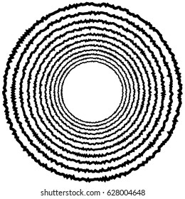 Radial geometric element series. Abstract black and white shape in concentric, circular style. Design elements with various distortion effects. Irregular geometric elements