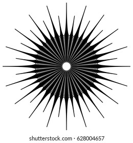 Radial geometric element series. Abstract black and white shape in concentric, circular style. Design elements with various distortion effects. Irregular geometric elements