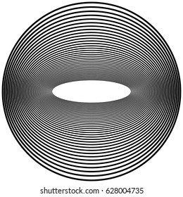 Radial geometric element series. Abstract black and white shape in concentric, circular style. Design elements with various distortion effects. Irregular geometric elements