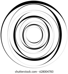 Radial geometric element series. Abstract black and white shape in concentric, circular style. Design elements with various distortion effects. Irregular geometric elements