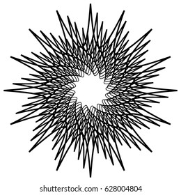 Radial geometric element series. Abstract black and white shape in concentric, circular style. Design elements with various distortion effects. Irregular geometric elements