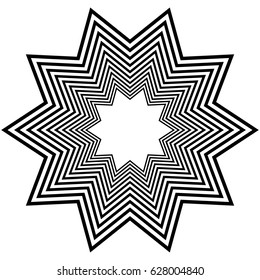 Radial geometric element series. Abstract black and white shape in concentric, circular style. Design elements with various distortion effects. Irregular geometric elements