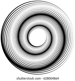 Radial geometric element series. Abstract black and white shape in concentric, circular style. Design elements with various distortion effects. Irregular geometric elements