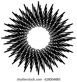 Radial geometric element series. Abstract black and white shape in concentric, circular style. Design elements with various distortion effects. Irregular geometric elements