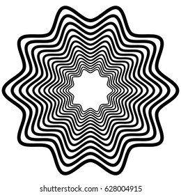 Radial geometric element series. Abstract black and white shape in concentric, circular style. Design elements with various distortion effects. Irregular geometric elements