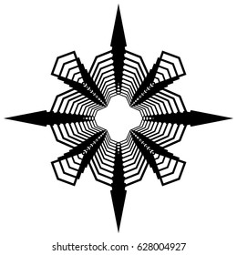Radial geometric element series. Abstract black and white shape in concentric, circular style. Design elements with various distortion effects. Irregular geometric elements