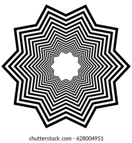 Radial geometric element series. Abstract black and white shape in concentric, circular style. Design elements with various distortion effects. Irregular geometric elements