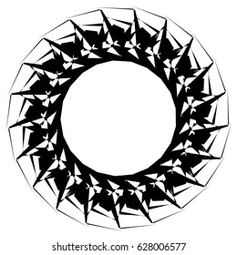 Radial geometric element series. Abstract black and white shape in concentric, circular style. Design elements with various distortion effects. Irregular geometric elements