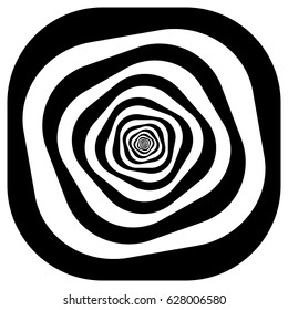 Radial geometric element series. Abstract black and white shape in concentric, circular style. Design elements with various distortion effects. Irregular geometric elements